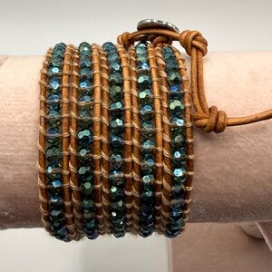 Victoria Emerson 5‑Wrap Bracelet – Iridescent Green/Blue Crystals on Tan Leather
